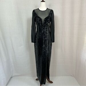 A.J. Bari Vintage 80’s Sequined Black Long Sleeve Plunge Silk Gown